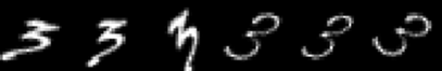 Six images of a handwritten number three. The first three images share the same handwriting and the latter three images share the same handwriting.