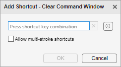 Add Shortcut dialog box with a field for entering a shortcut key combination and a check box to allow multi-stroke shortcuts