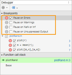 Debugger panel with the Breakpoints section showing the four error breakpoints. The Pause on Errors breakpoint is selected.