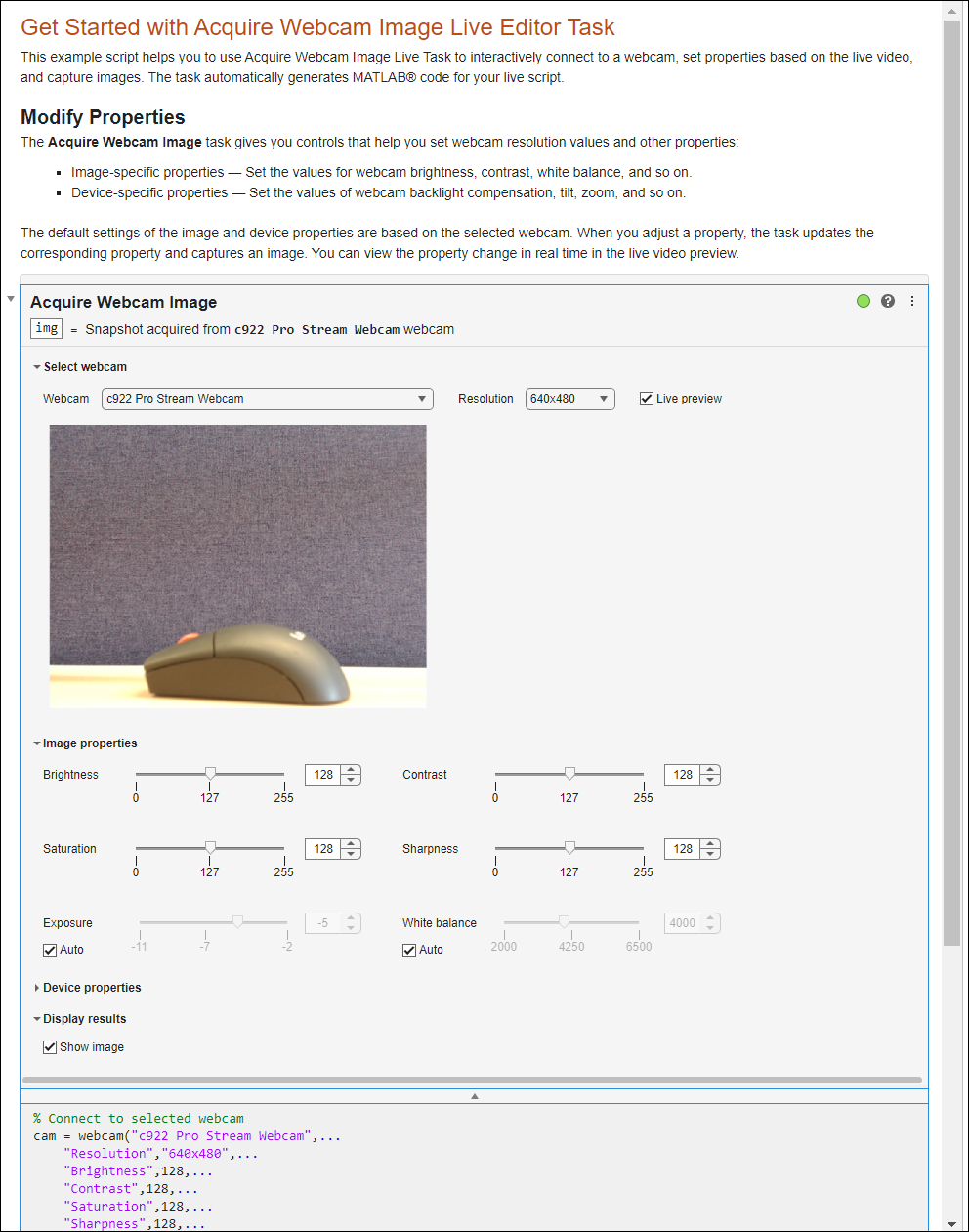 Using Acquire Webcam Image Live Editor Task from Hardware Manager - MATLAB  & Simulink