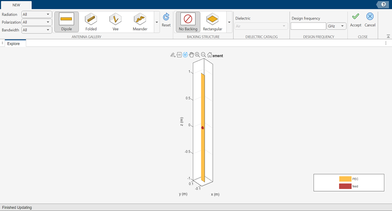 Antenna designer app canvas showing the different types of antenna in a drop down list. This canvas also shows the dipole as the default antenna.