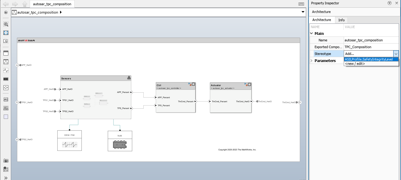 The Property Inspector is open, the Stereotype field is expanded with ASILProfile.SafetyIntegrityLevel selected from the drop down menu.