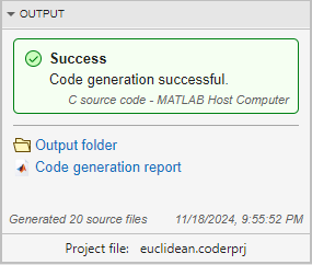 Output pane saying code generation is successful.