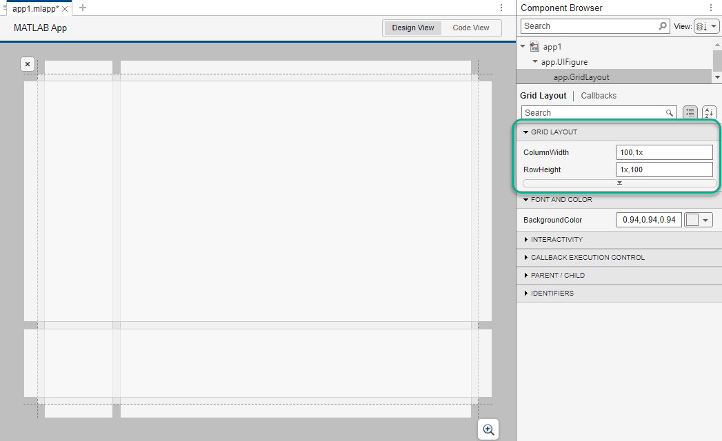 App Designer with grid layout shown in the Design View on the right. To the left, the Component Browser shows grid-layout column width set to 100, 1x and the row height set to 1x, 100.