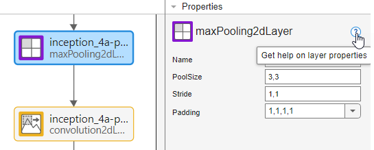Cross channel normalization layer selected in Deep Network Designer. The PROPERTIES pane shows the properties of the layer.