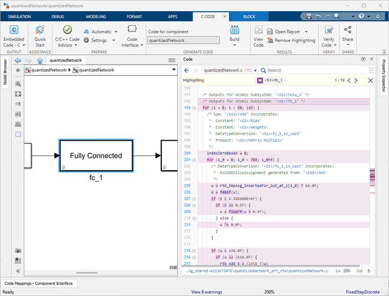 Simulink window with fully connected layer block on left and generated fixed-point code on right