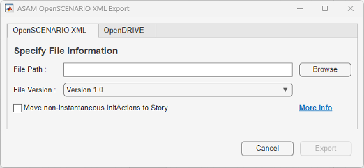ASAM OpenSCENARIO Export dialog box