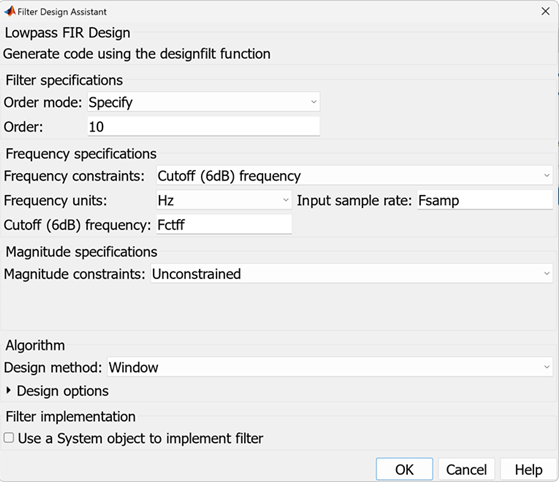 Filter Design Assistant dialog for lowpass FIR design