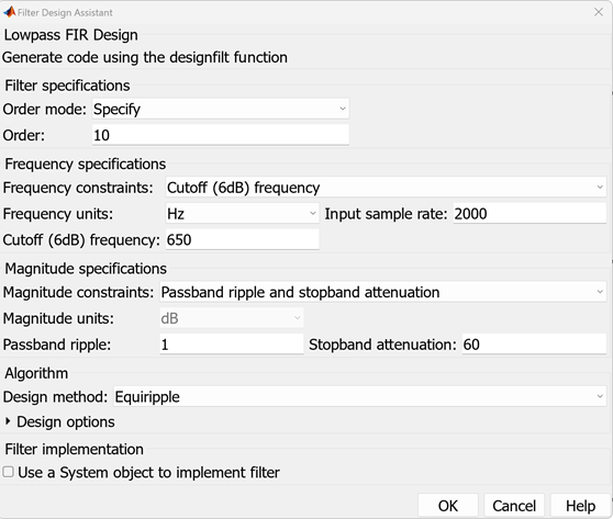 Filter Design Assistant dialog for modified lowpass FIR design