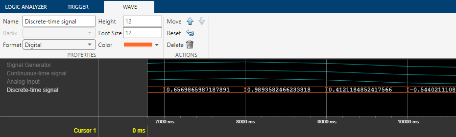 Logic Analyzer toolstrip open on the Wave tab