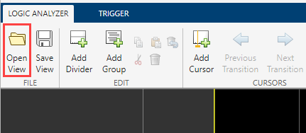 Logic Analyzer toolstrip with the Open View button highlighted