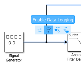 Part of the model showing an ellipsis above the selected signal, with the Enable Data Logging option highlighted