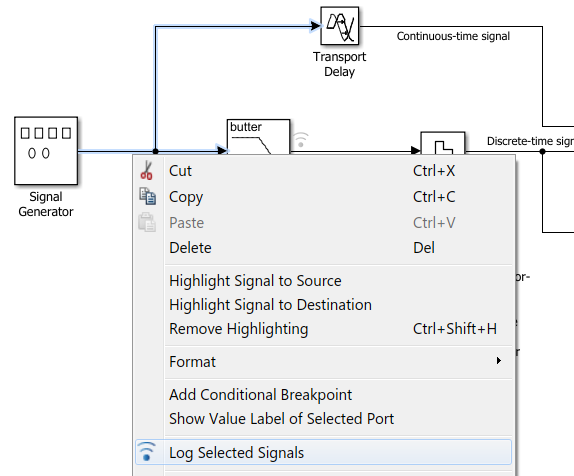 Options dialog box, with the Log Selected Signals option highlighted