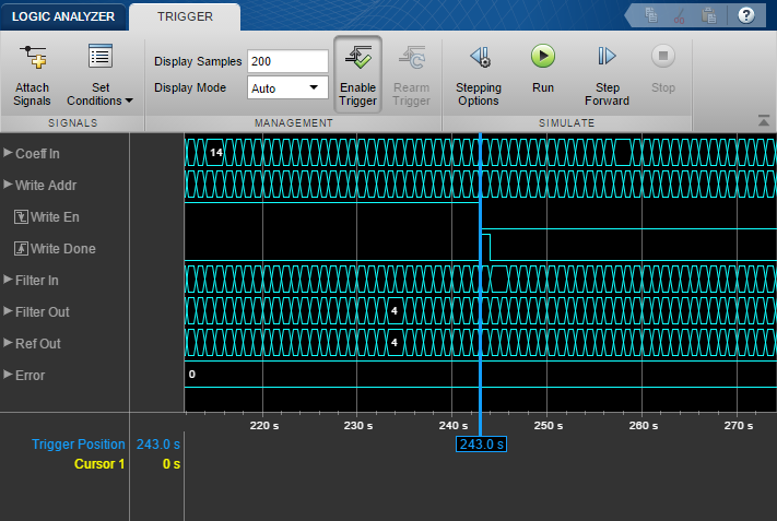 Logic Analyzer view with a locked blue cursor at 243 s, when Write En is 0 and Write Done is 1