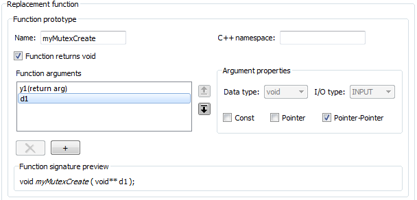 Replacement function section showing the information for the function myMutexCreate.