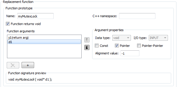 Replacement function section showing the information for the function myMutexLock.