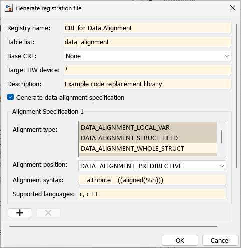 Generate registration dialog box showing filled in fields.