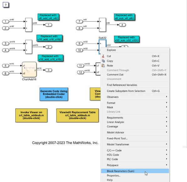 Sub32 block highlighted with right-click menu open and cursor is on the Block Parameters option