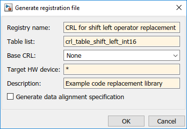 Generate registration file dialog box showing filled in fields.