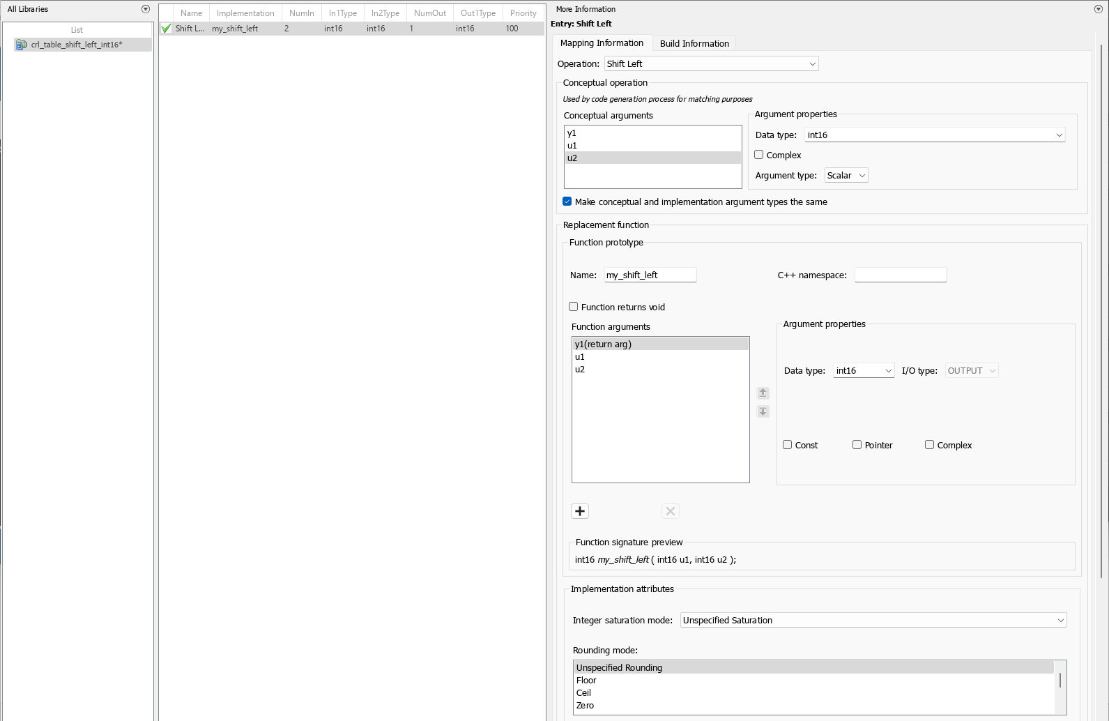 Code replacement tool showing a function entry for the shift left operation.