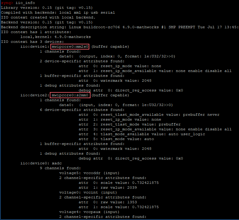 Output of the iio_info command. The available IIO device names and channels, mwipcore0:mm2s0 and mwipcore0:s2mm0