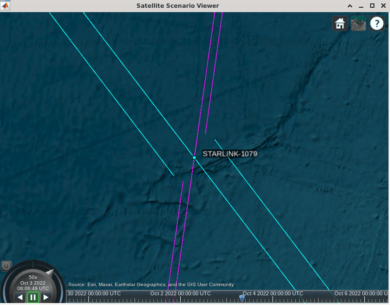 Conjunction.png View of satellite, STARLINK-1079, and debris, CZ-2D DEB, orbits in the satellite scenario viewer.