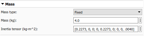 Spacecraft Dynamics Mass tab with fixed mass type