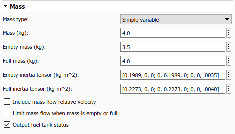 Spacecraft Dynamics Mass tab with simple variable mass type
