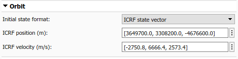 Spacecraft Dynamics Orbit tab with ICRF state vector initial state format