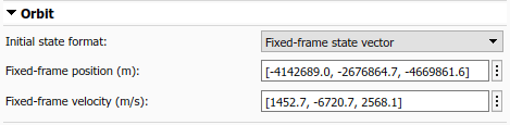 Spacecraft Dynamics Orbit tab with fixed-frame state vector initial state format
