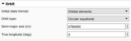 Spacecraft Dynamics Orbit tab with orbital elements initial state format and circular equatorial orbit type