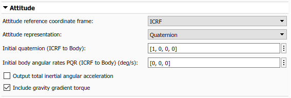 Spacecraft Dynamics Attitude tab with ICRF attitiude reference coordinate frame and quaternion attitude representation