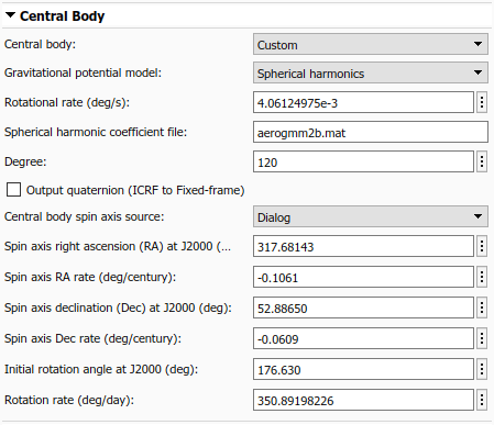 Spacecraft Dynamics Central Body tab with custom Central Body and Gravitational potential model set to Spherical harmonics. Central body spin axis source is set to Dialog to enable specifying the spin axis through the block dialog box.