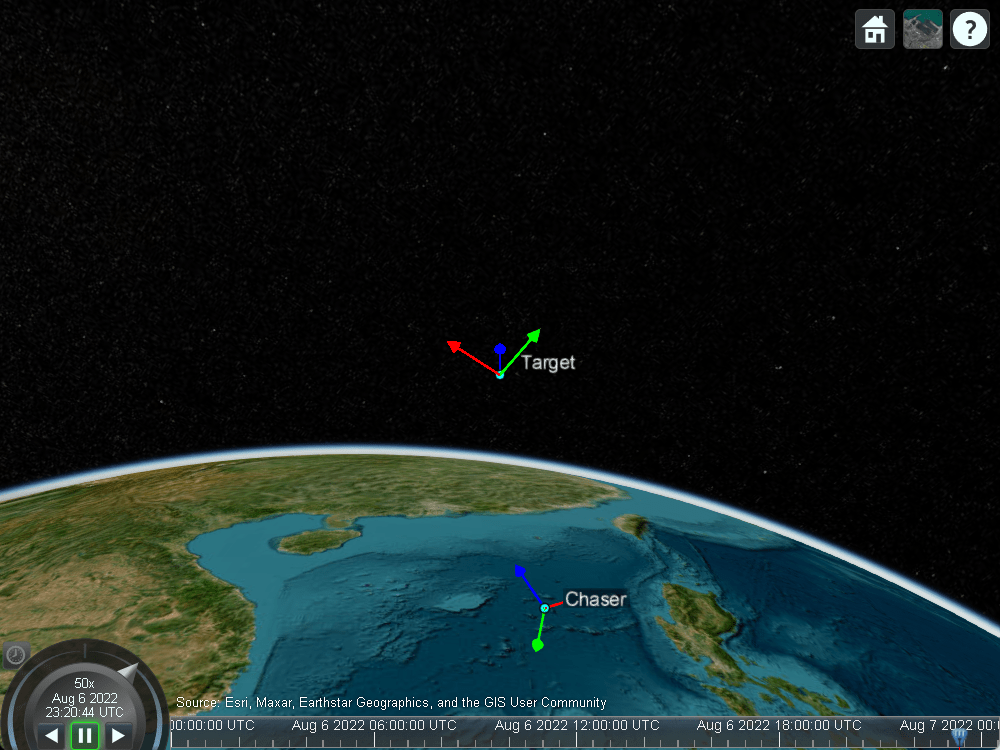 Satellite scenario viewer of chaser and target after two rendevous mAneuvers