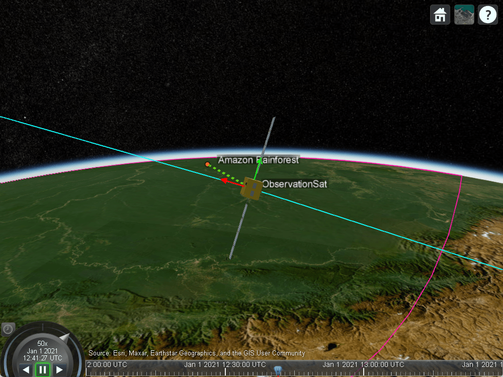 Satellite scenario viewer of satellite nearing Amazon Rainforest