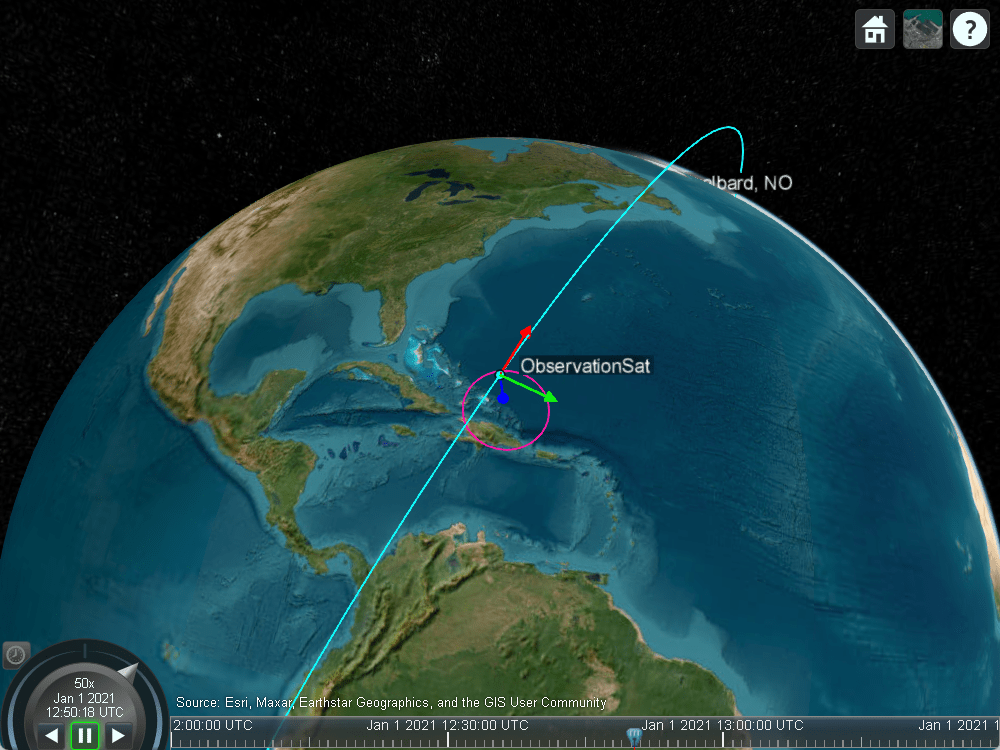 Satellite scenario viewer shows that after the imaging segment is complete, the satellite returns to pointing at the nadir.