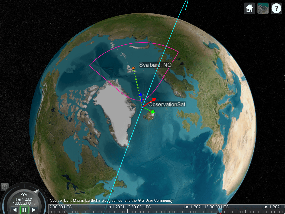 Satellite scenario viewer of satellite slewing to point at target