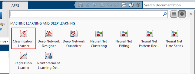 Figure shows the Classification Learner App under the APPS tab.