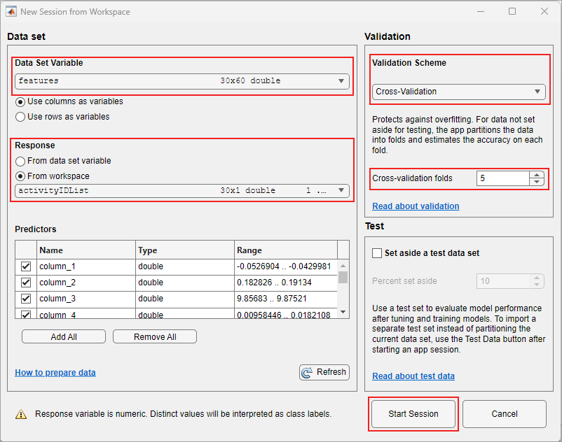 Figure shows the "New Session from Workspace" window.