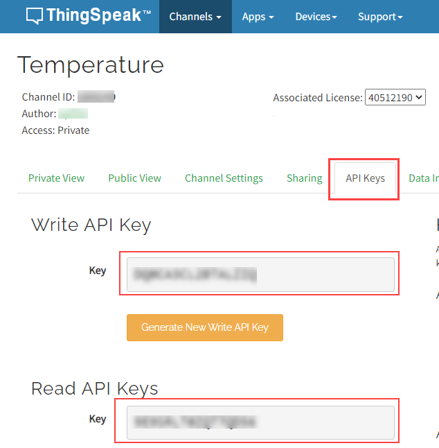 Figure shows the write and read API keys.