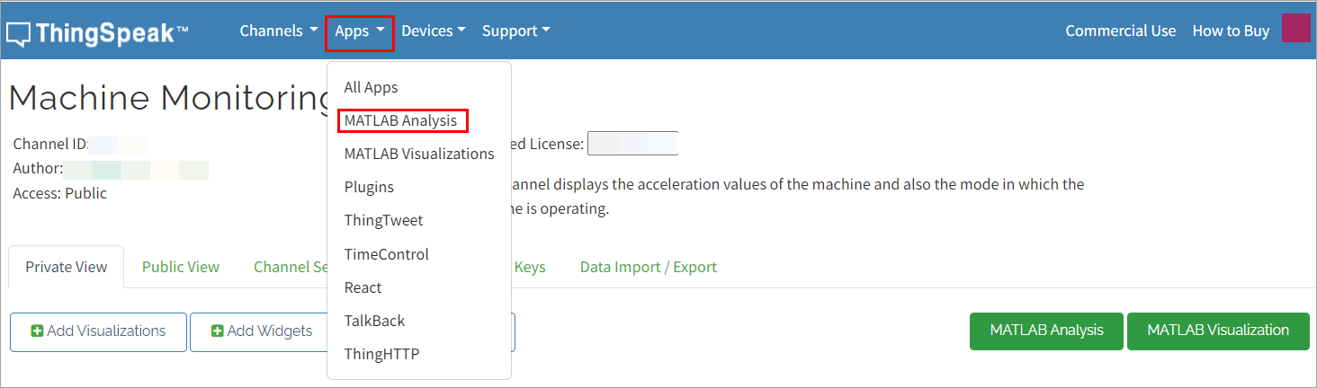 Figure shows how to set up the email alert, on the Apps tab on the ThingSpeak toolstrip by clicking MATLAB Analysis.
