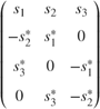$$\pmatrix{s_{1} & s_{2} & s_{3} \cr -s_{2}^* & s_{1}^* & 0 \cr s_{3}^* & 0 & -s_{1}^* \cr 0 & s_{3}^* & -s_{2}^*}$$