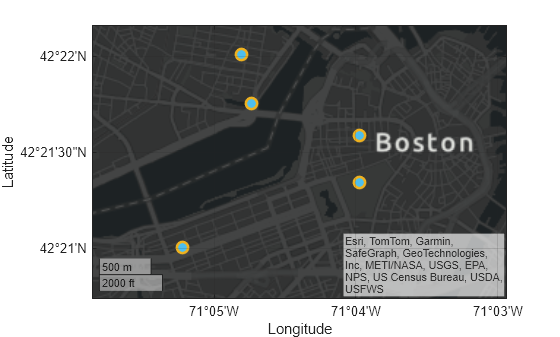 Figure contains an axes object with type geoaxes. The geoaxes object contains an object of type scatter.