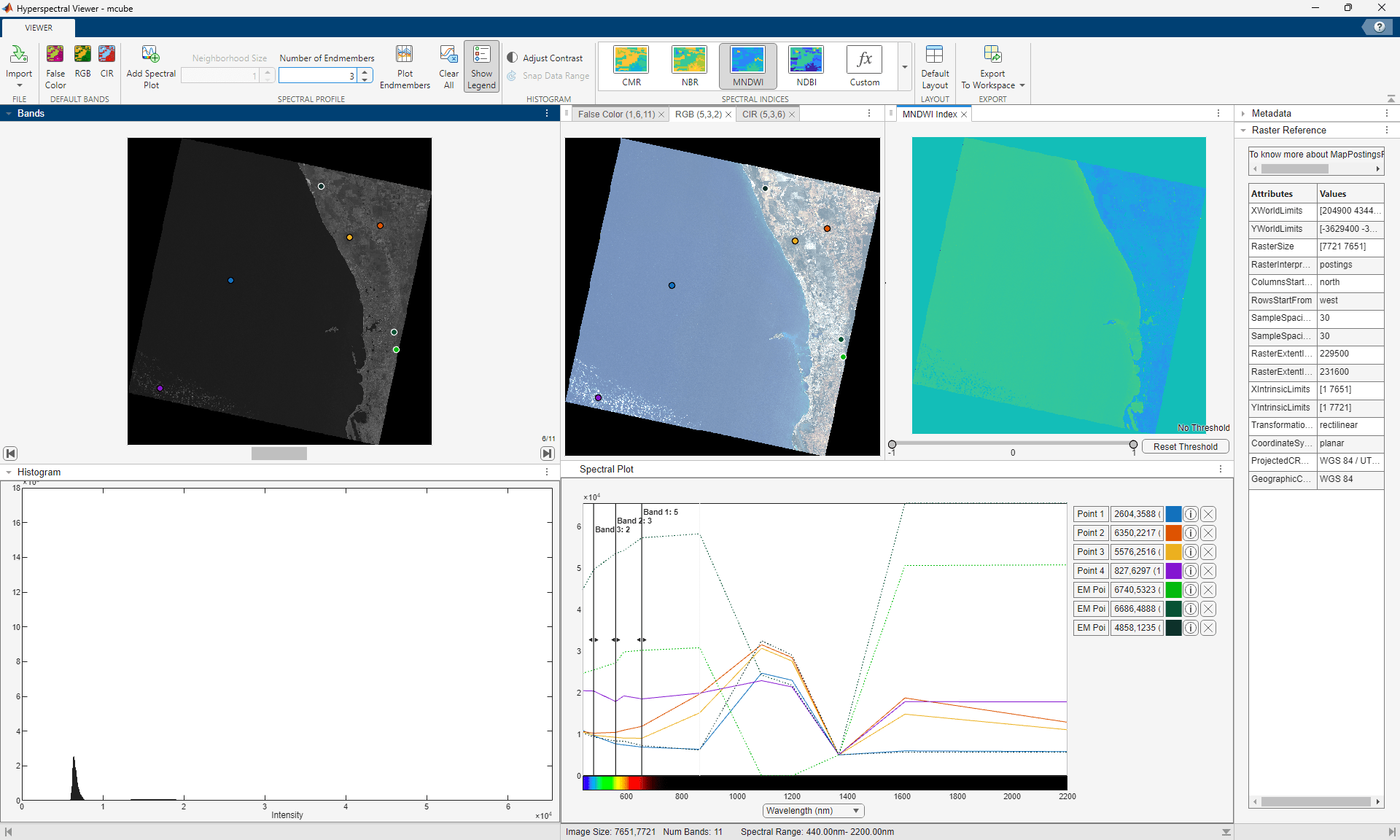 Explore multispectral data in Hyperspectral Viewer app.