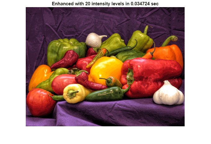 Figure contains an axes object. The hidden axes object with title Enhanced with 20 intensity levels in 0.032796 sec contains an object of type image.