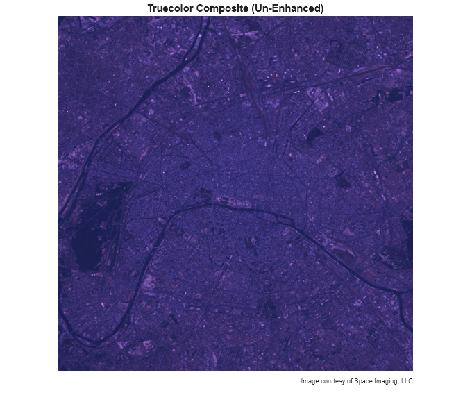 Figure contains an axes object. The hidden axes object with title Truecolor Composite (Un-Enhanced) contains 2 objects of type image, text.