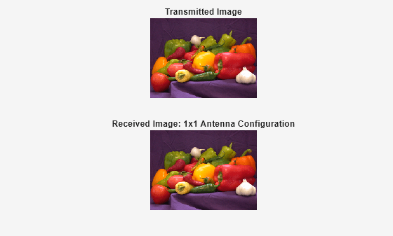 Figure Image Plot contains 2 axes objects. Hidden axes object 1 with title Transmitted Image contains an object of type image. Hidden axes object 2 with title Received Image: 1x1 Antenna Configuration contains an object of type image.