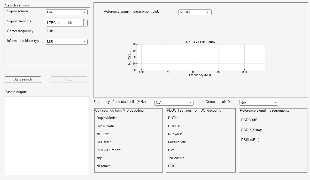 Figure Scan LTE Waveform contains an axes object and another object of type uigridcontainer. The axes object with title RSRQ vs Frequency, xlabel Frequency (MHz), ylabel RSRQ (dB) is empty.