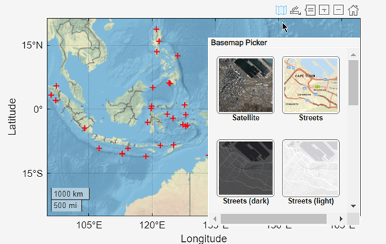 Geographic plot that uses the land cover basemap. A basemap picker shows additional basemap options.