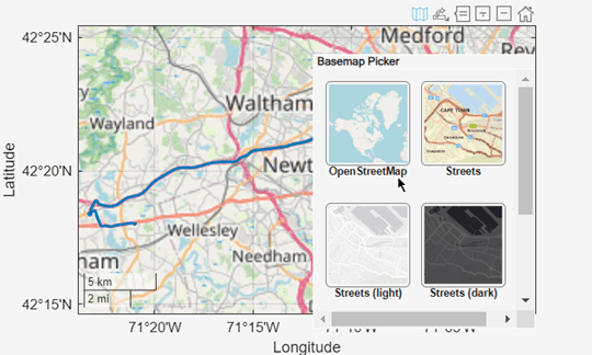 Geographic plot that uses the OpenStreetMap basemap. A basemap picker shows additional basemap options.
